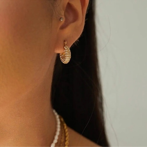 Gold Crystal Pave White Diamonds CZ Hoop Earrings - Picture 3 of 5